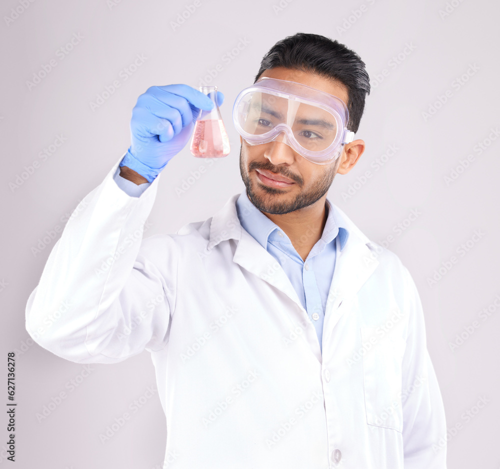Scientist man, studio and beaker with goggles, thinking or analysis for focus by white background. A