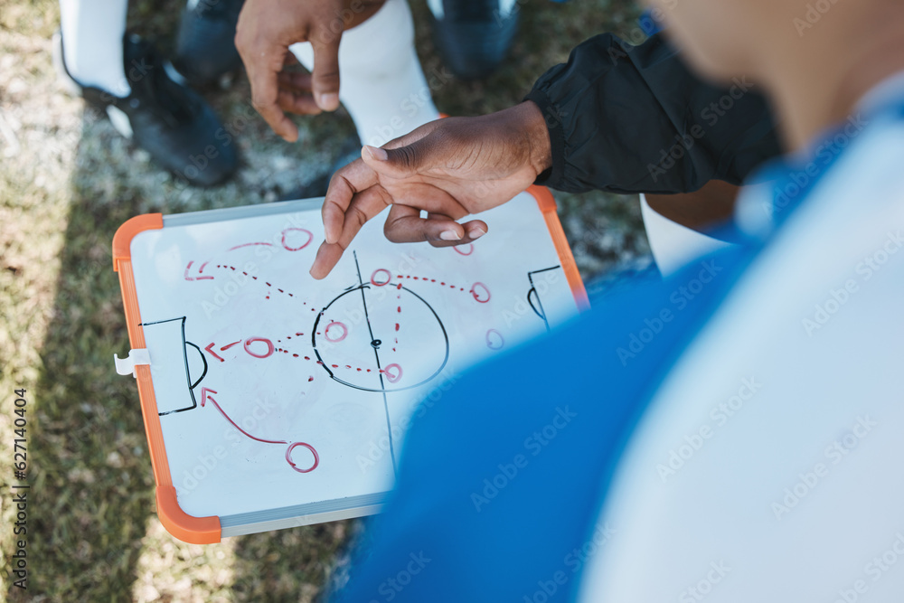 Hands, soccer team or coach planning a strategy with tactics or training formation on sports field. 