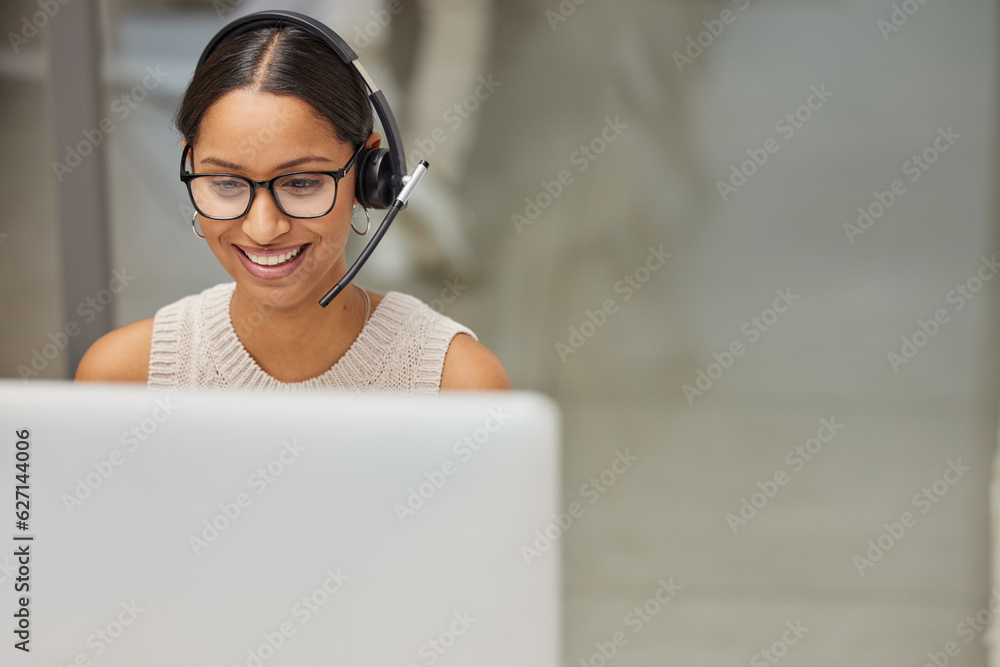 Business woman, call center and pc web support communication at a computer in a office. Phone conver