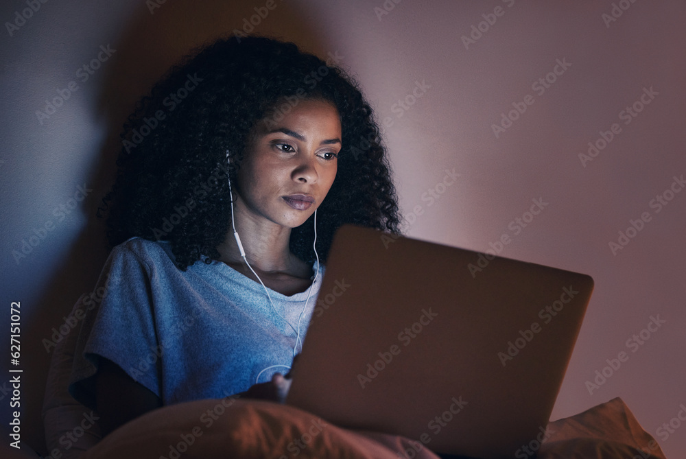 Laptop, bedroom and woman with music at night for radio, podcast sound and online social media in ho
