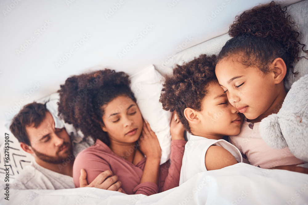 Comfort, sleeping and family in a bed with love, dreaming and resting in their home together. Sleep,