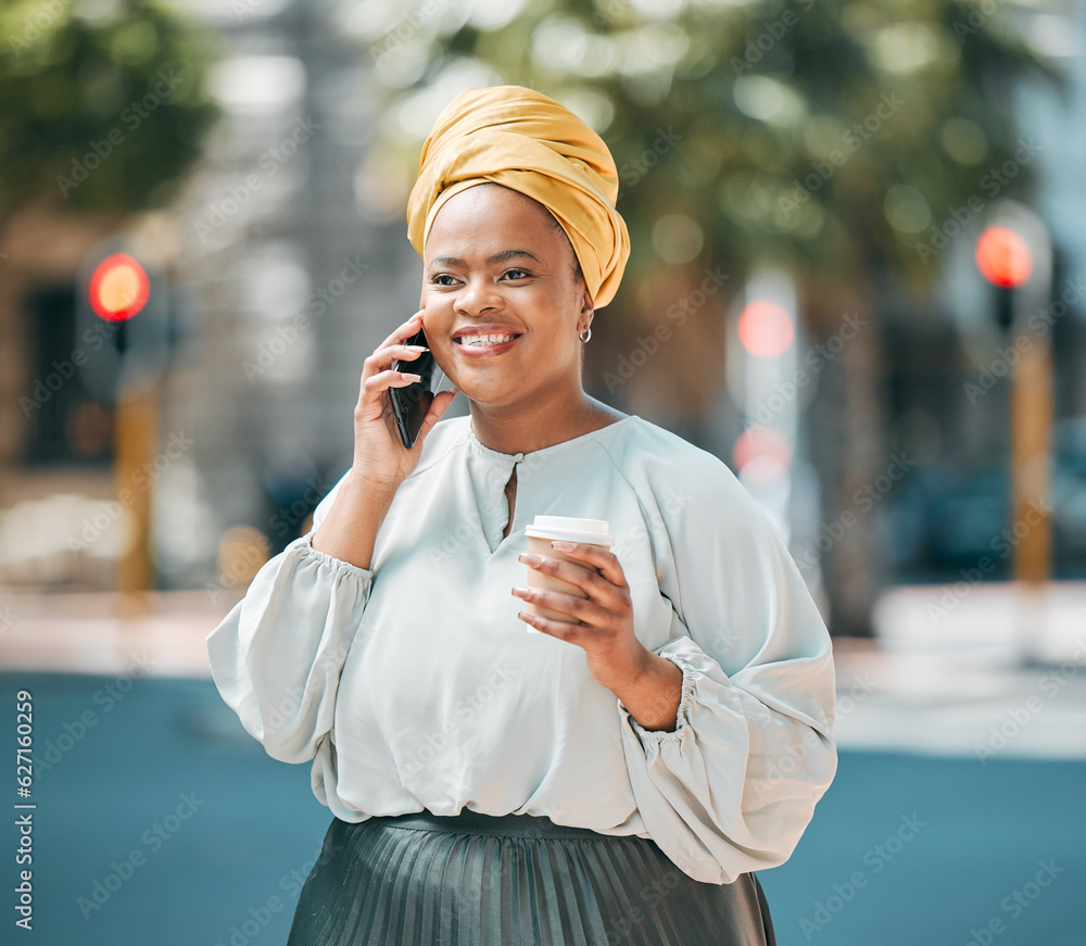 Phone call, city and business African woman for contact, networking and connection in urban town. Tr