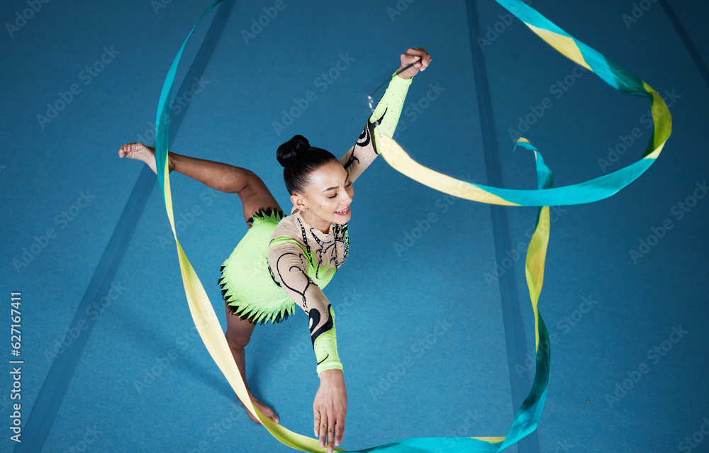 Rhythmic gymnastics, woman in gym and ribbon with balance, action with performance and fitness. Comp