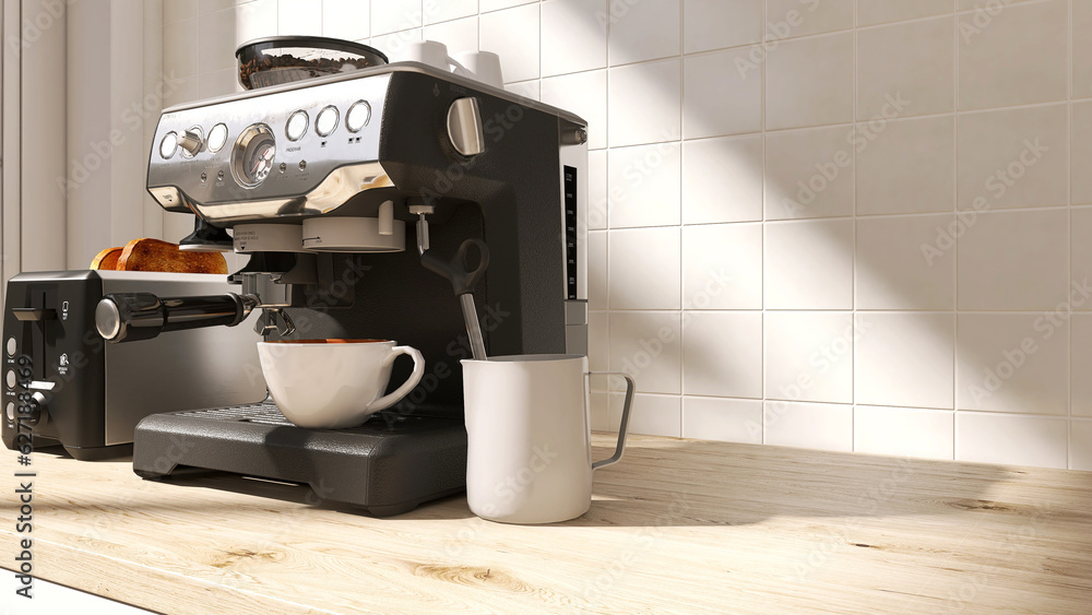 Black, silver professional espresso making machine, toaster, white coffee cup on wood countertop cab