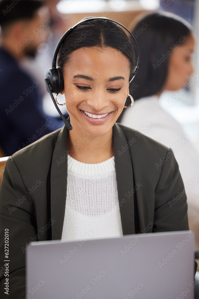 Woman, call center and smile at laptop for customer service, support and telemarketing. Face of an a