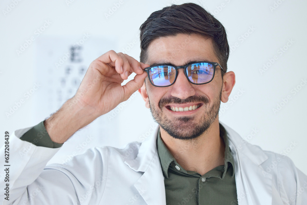 Face, man and optometrist smile with glasses for vision, healthcare or wellness. Portrait, happy and