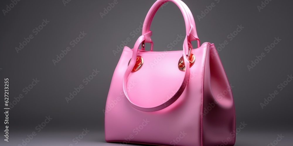 Beautiful trendy smooth youth womens handbag in bright pink color on a gray studio background