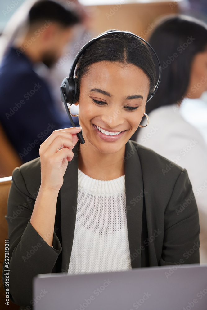 Woman, call center and microphone at laptop for customer service, support and telemarketing. Face of