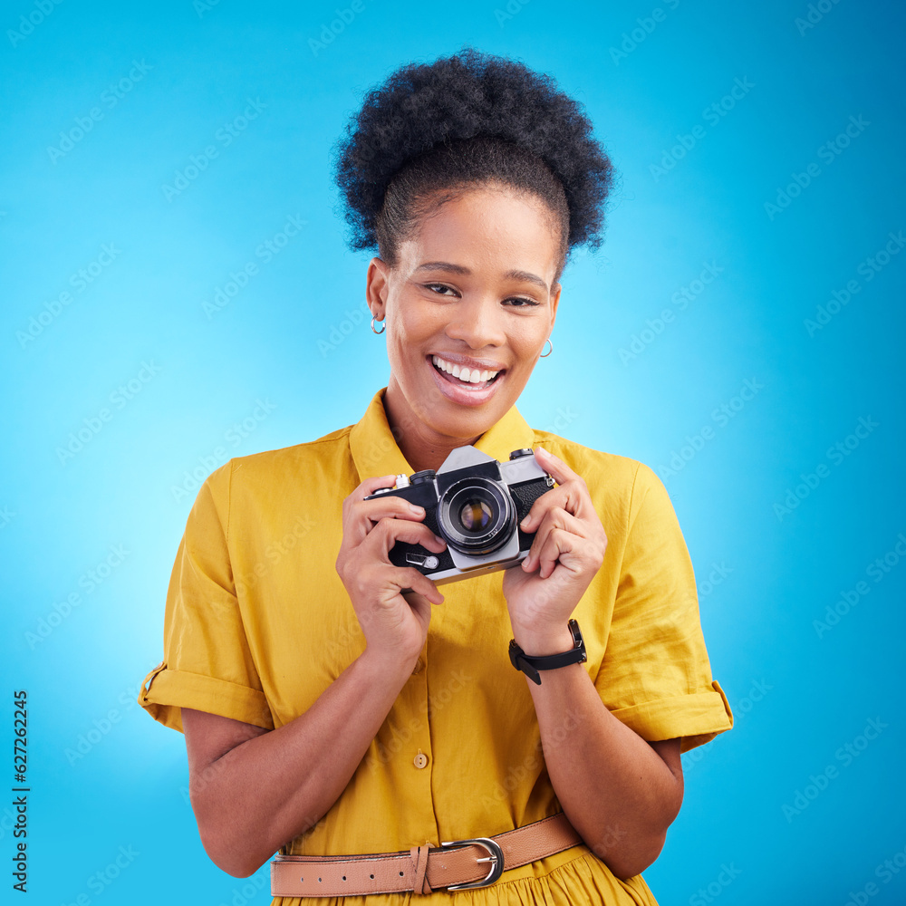 Photography, portrait and black woman with camera, smile and isolated on blue background, creative a