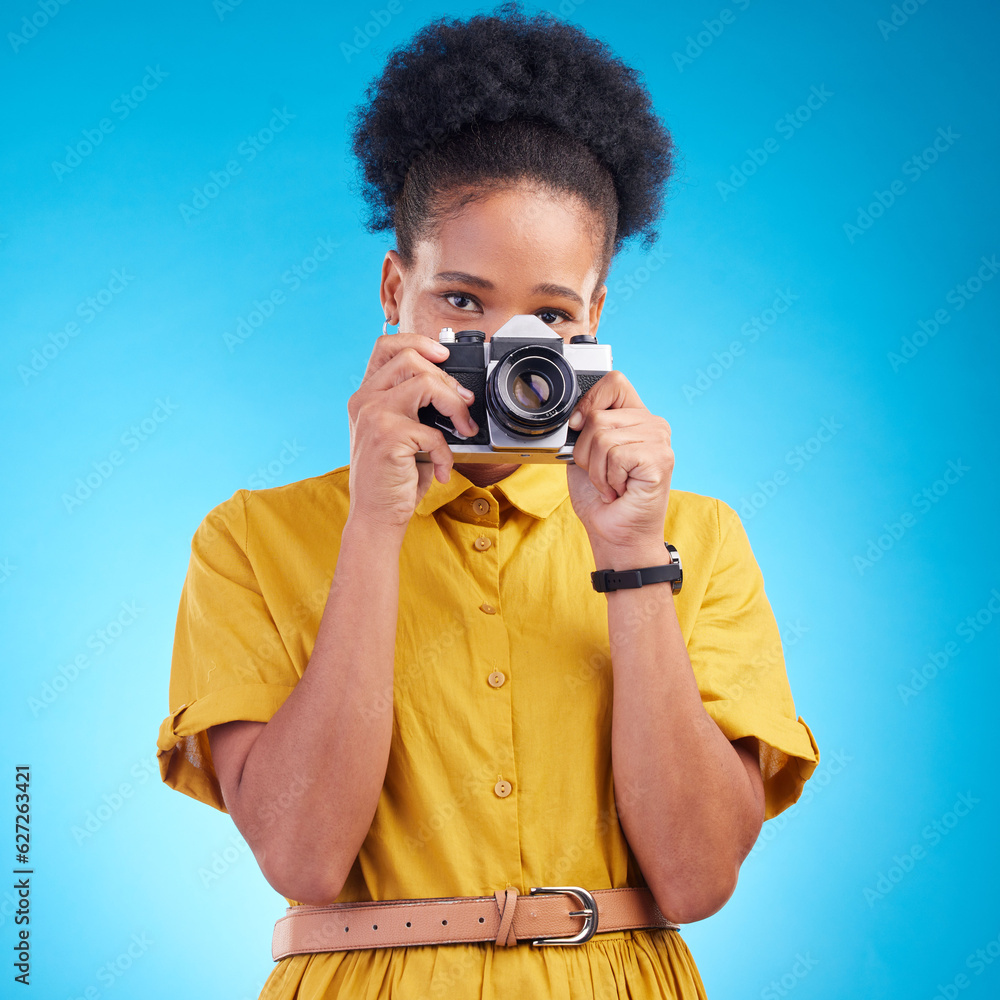 Photography, portrait and black woman with camera isolated on blue background, creative artist job t