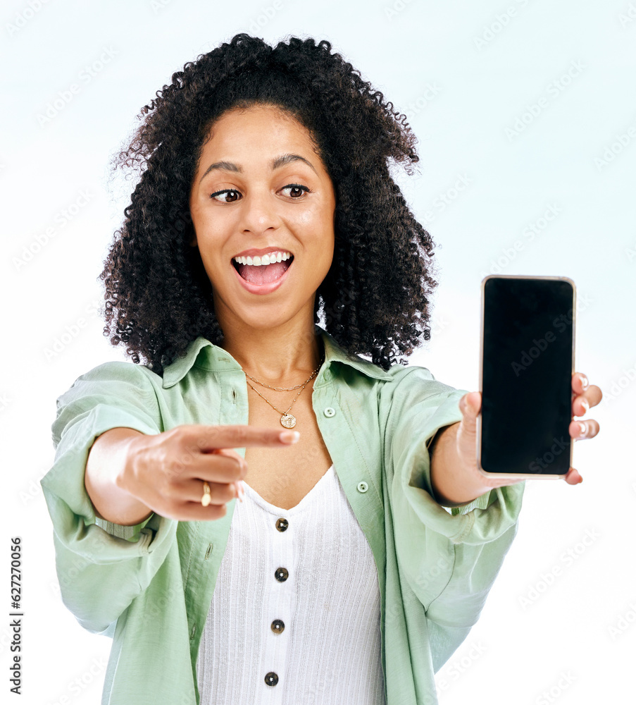 Screen, mockup or woman excited by phone on white background on social media or product placement. P
