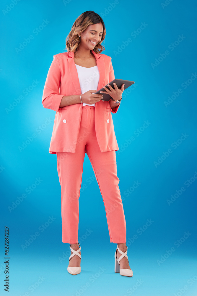 Smile, reading and a woman with a tablet on a blue background for communication, email or the web. H
