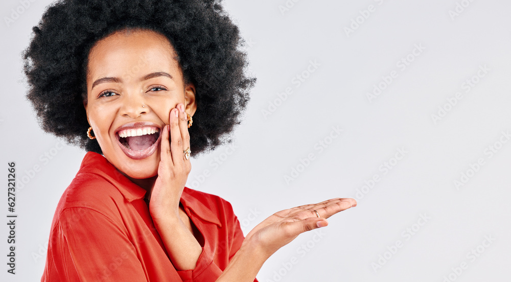 Happy black woman, portrait and afro with palm for advertising against a white studio background. Ex
