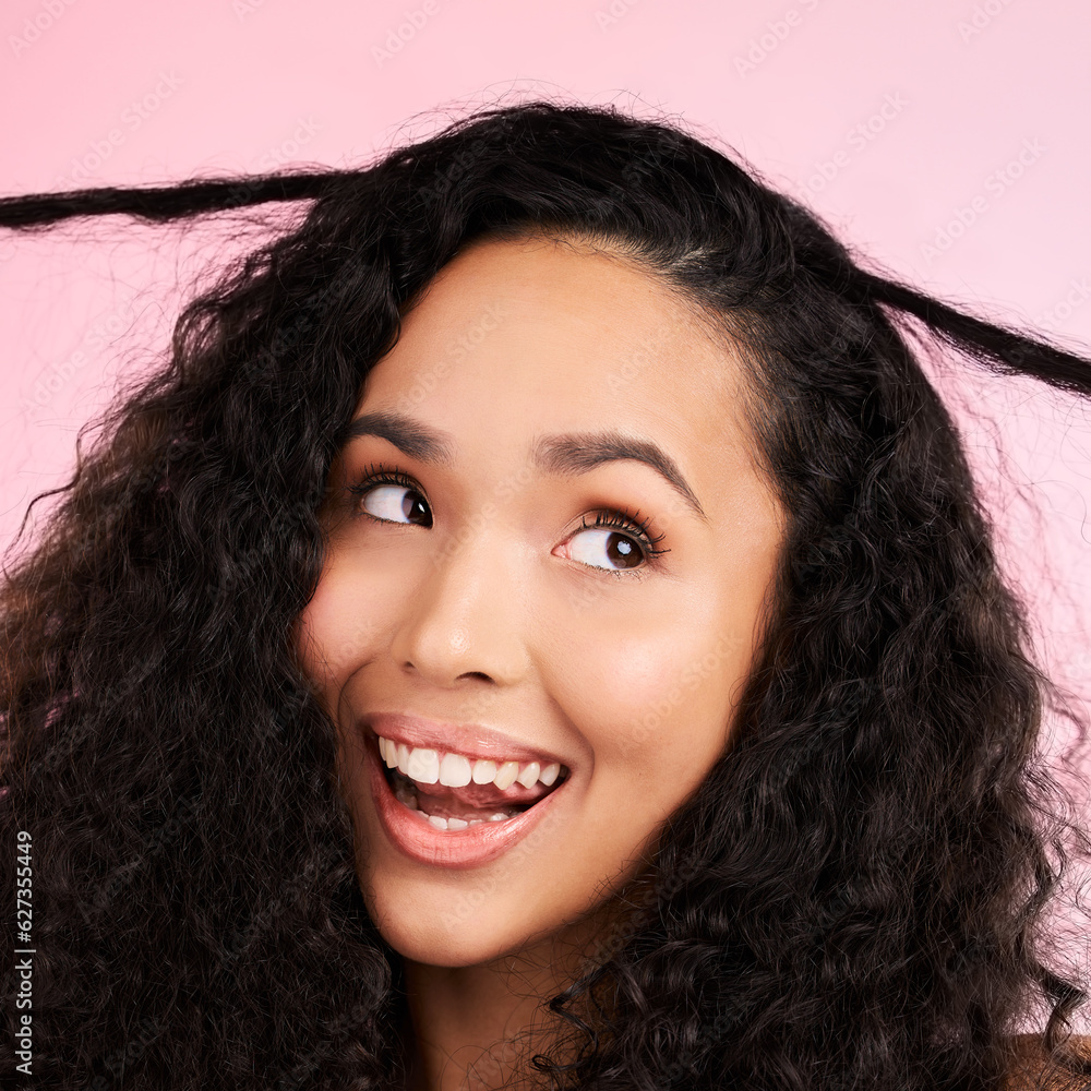 Beauty, curly hair and smile with face of woman in studio for cosmetics, textures and salon treatmen