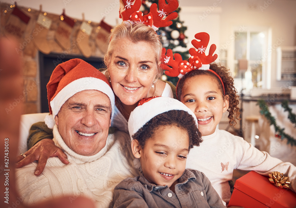 Christmas, portrait and selfie of grandparents with children in home, bond and happy together. Xmas,