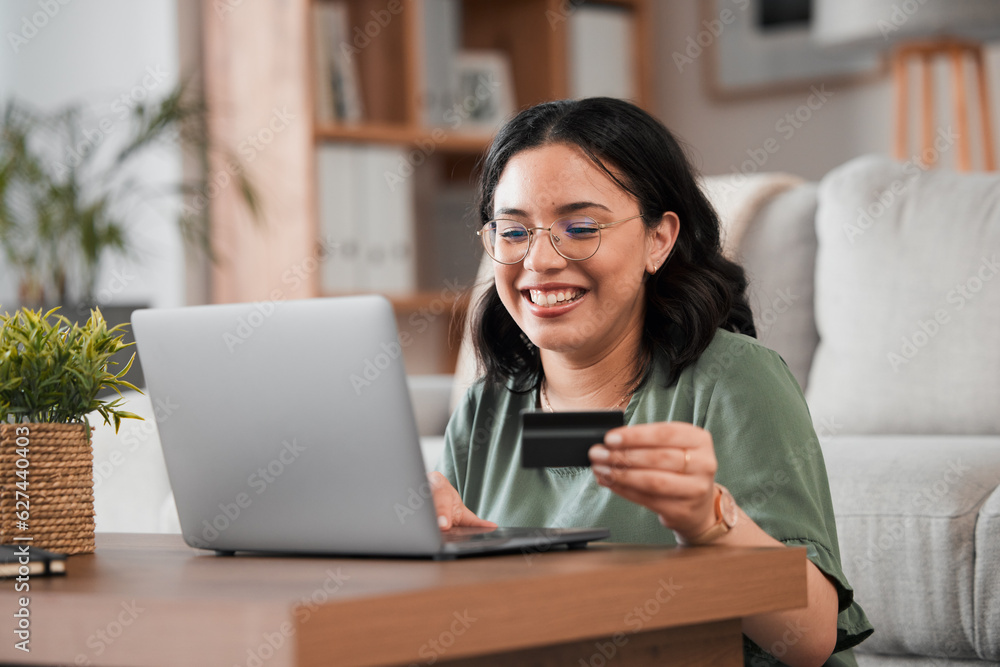 Credit card, computer and woman with home online shopping, e learning and fintech payment. Study, st