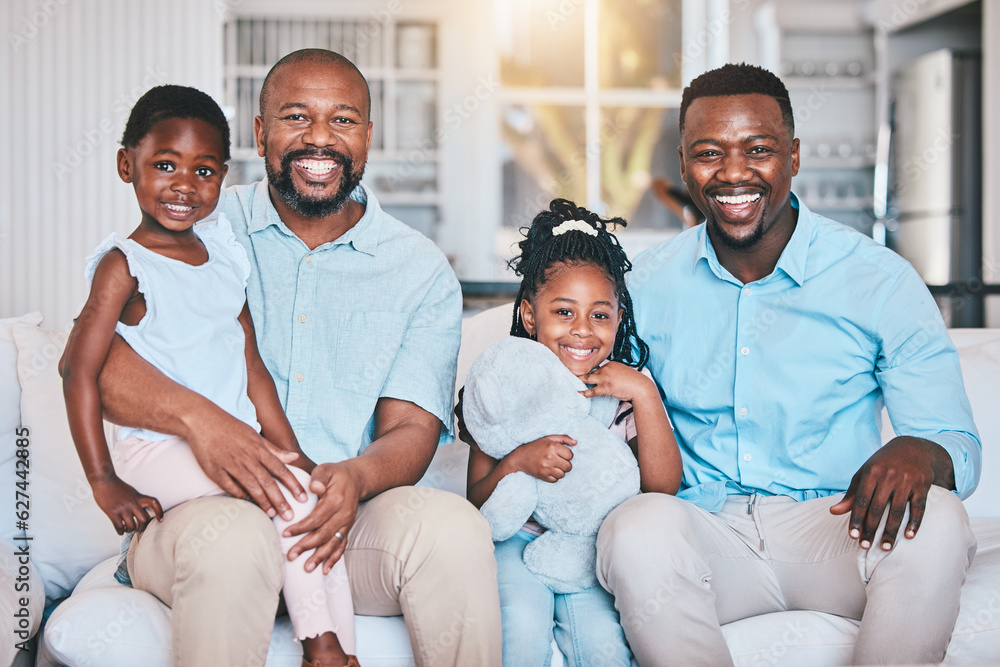 Black family, grandfather or portrait of father with children or smile bonding to relax together in 