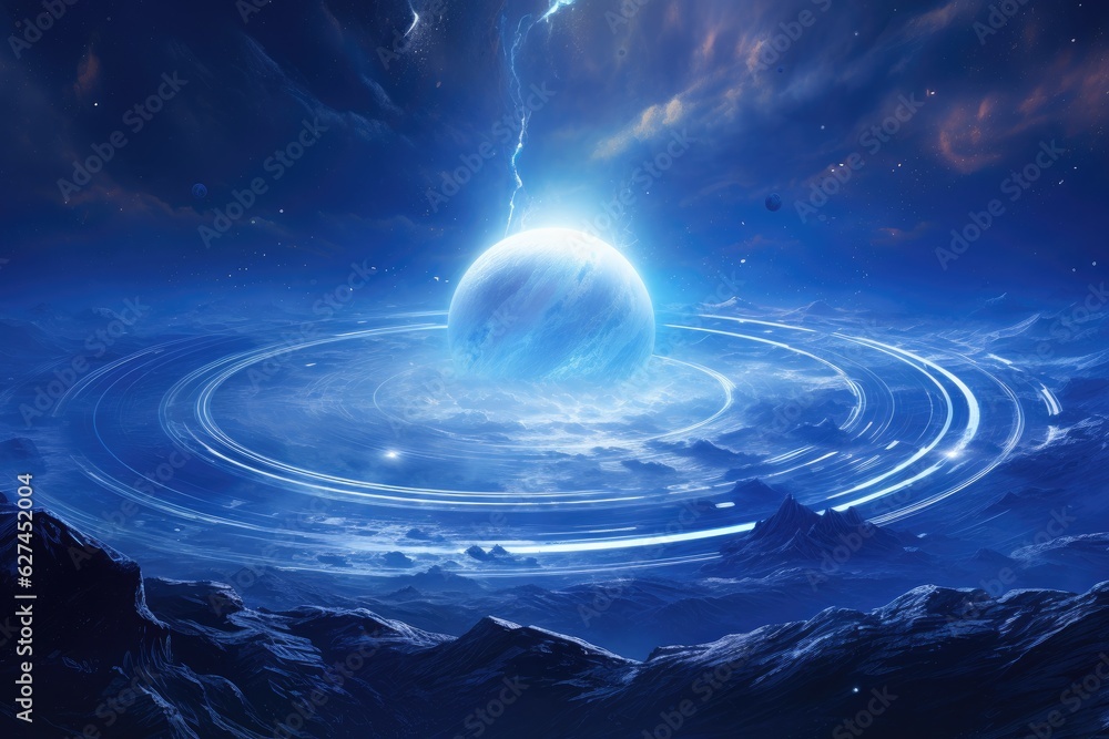 Abstract space background with planet and stars, 3d render illustration. a giant planet wrapped in S