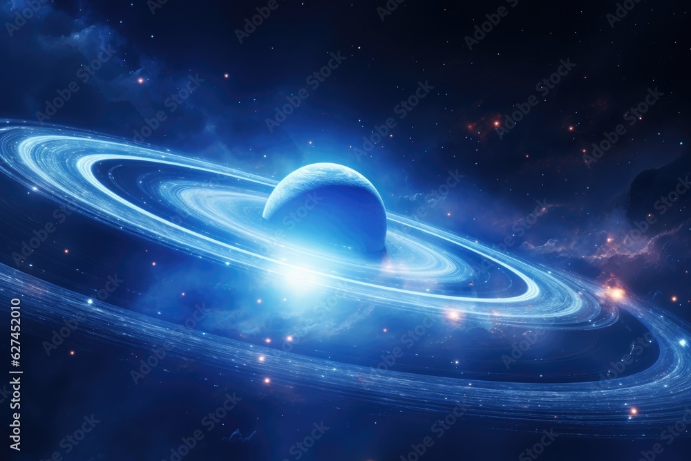 Abstract space background with planets, stars and nebula. 3D rendering, a giant planet wrapped in Sa