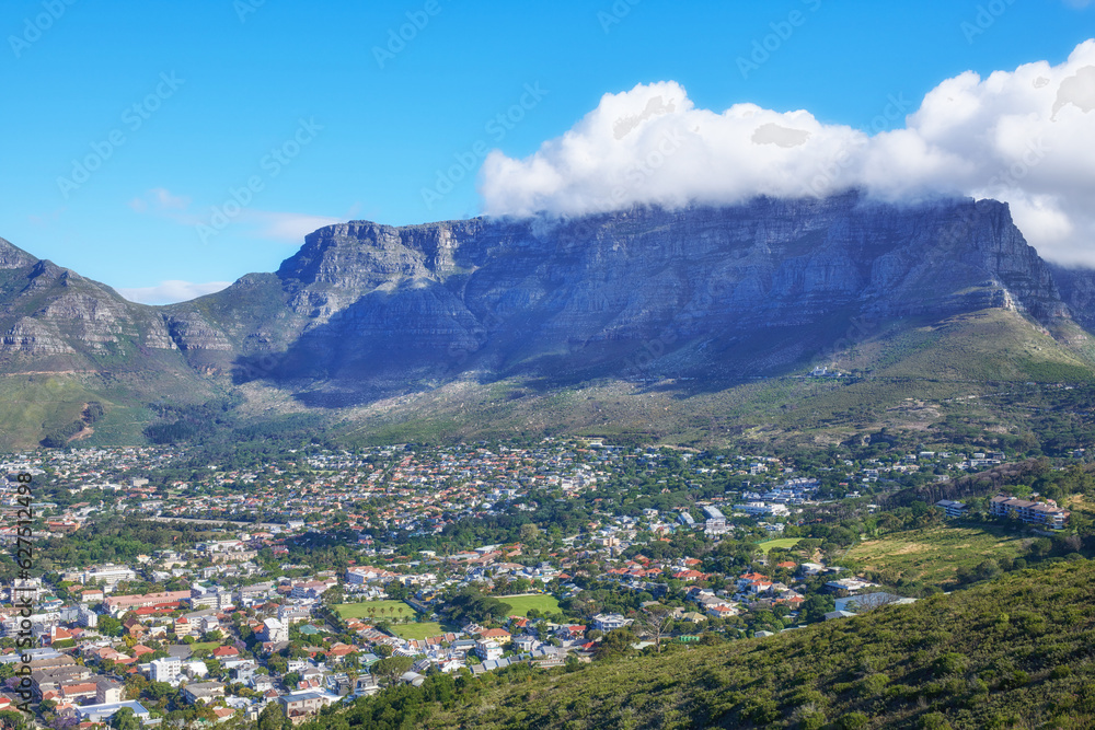 Beautiful scene of table Mountain in Cape Town on a sunny day with copy space. View of a bright sky 