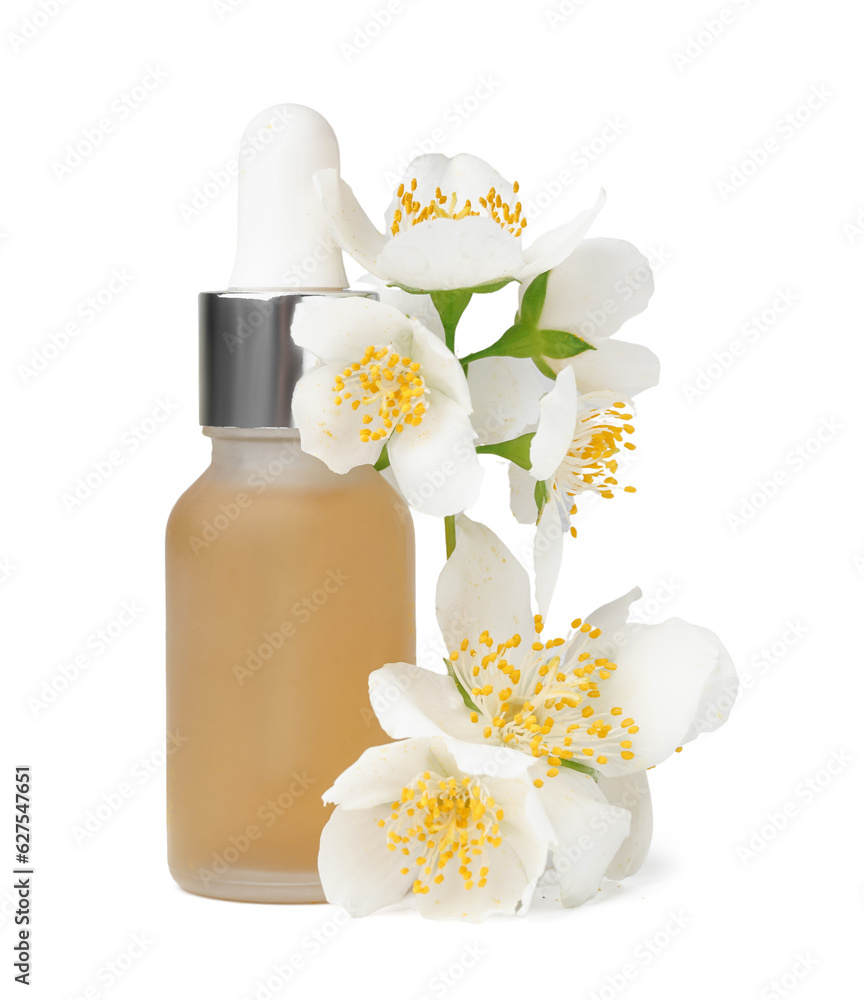 Bottle of essential oil and beautiful jasmine flowers on white background