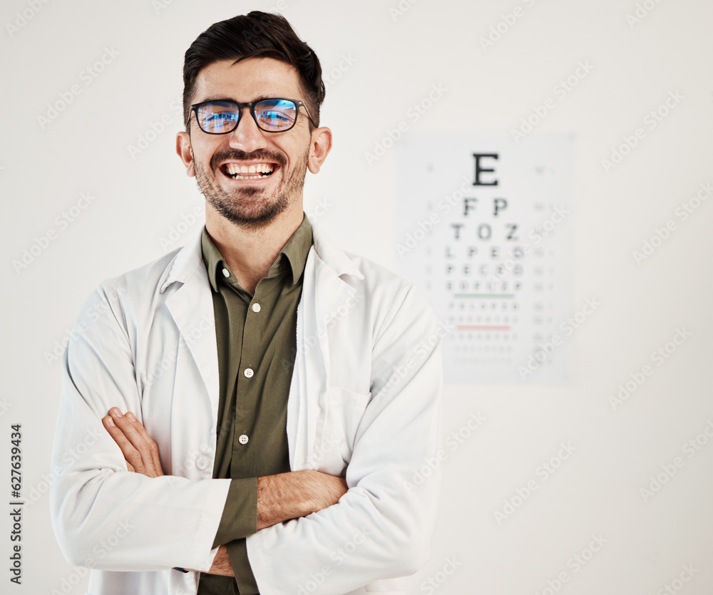 Eye exam, arms crossed and portrait of man optometrist with smile, confidence and friendly service i