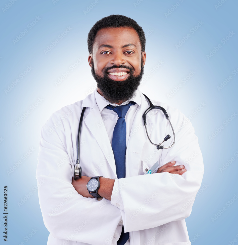Doctor, black man and portrait with arms crossed in studio or happy medical expert or healthcare wor