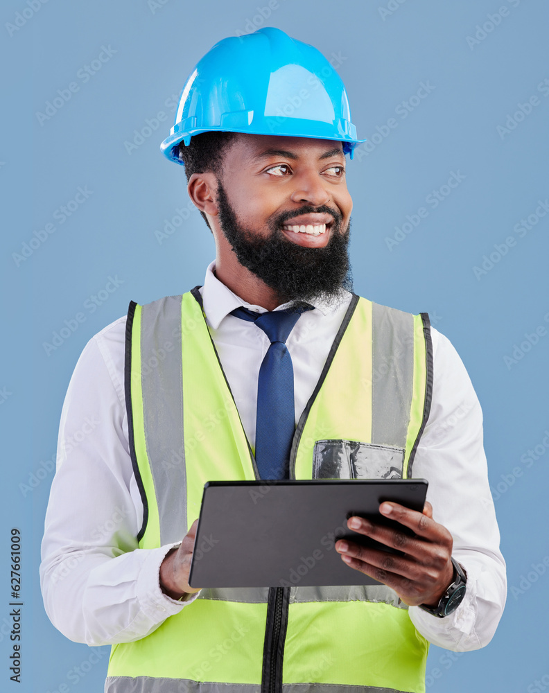 Happy black man, architect and tablet for construction inspection against a blue studio background. 