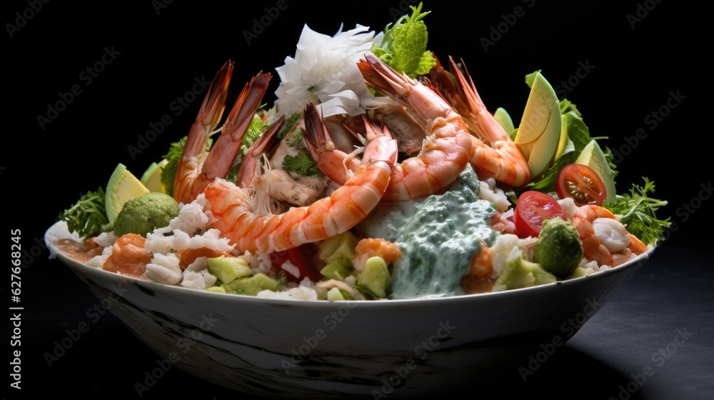 Food Surf and Turf salad with seafood and meat. Generative AI