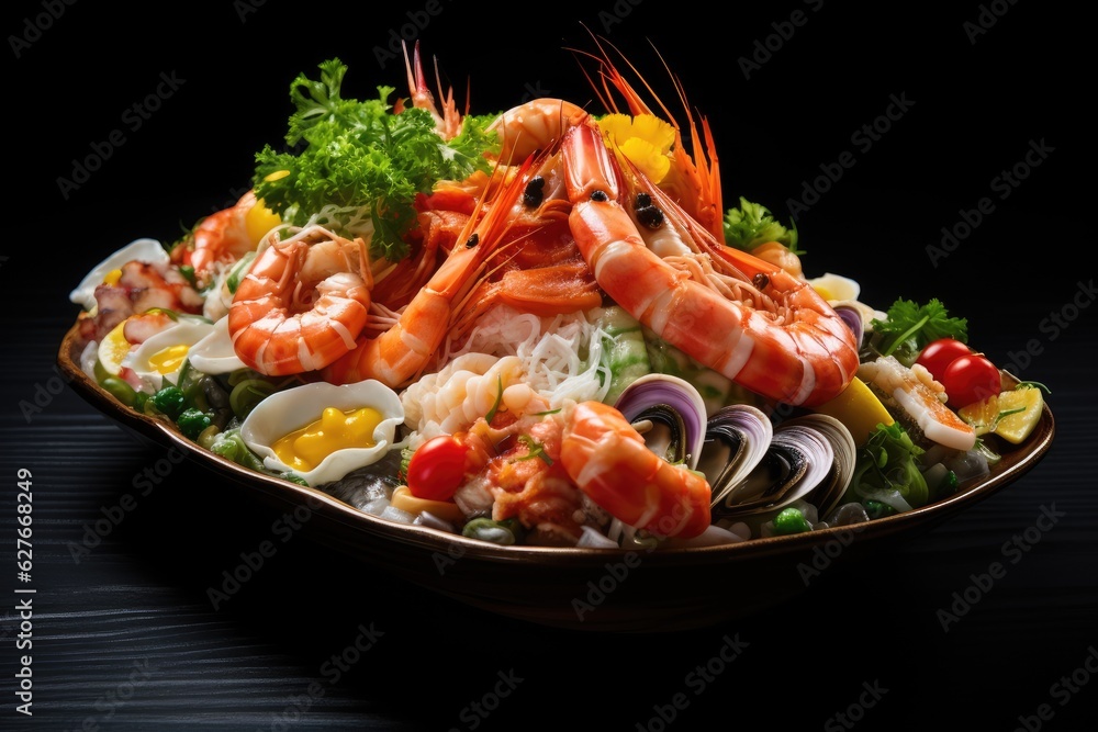 Food Surf and Turf salad with seafood and meat. Generative AI