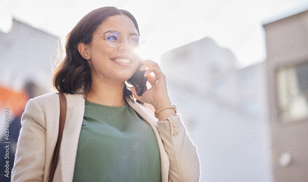 Business, woman and walking with phone call in the city and contact with network connection, communi