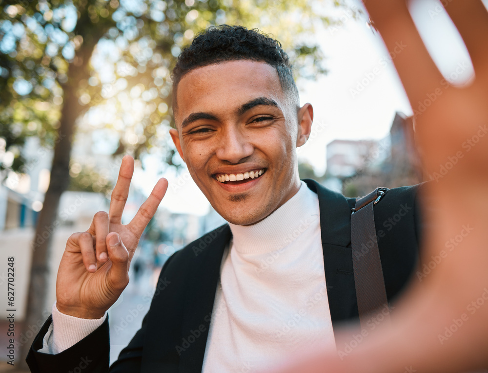 Selfie, business and portrait of happy man with peace sign in city for social media, profile picture