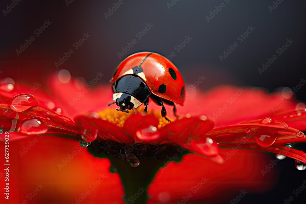ladybug on red flower petal with water drops close up, A ladybug sitting on a red flower on blurred 