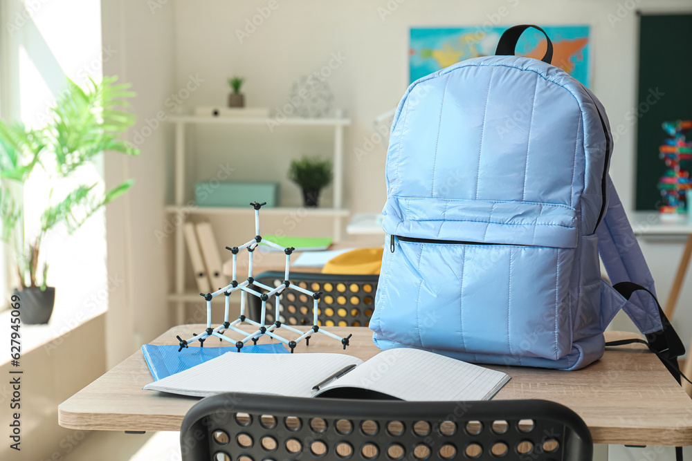 Backpack with notebooks and molecular model on desk in classroom