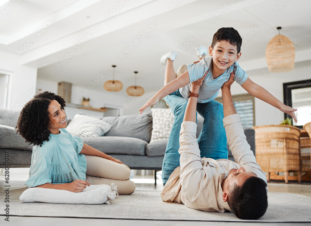 Play, mother or father with a boy on floor relaxing as a happy family bonding in Australia with love