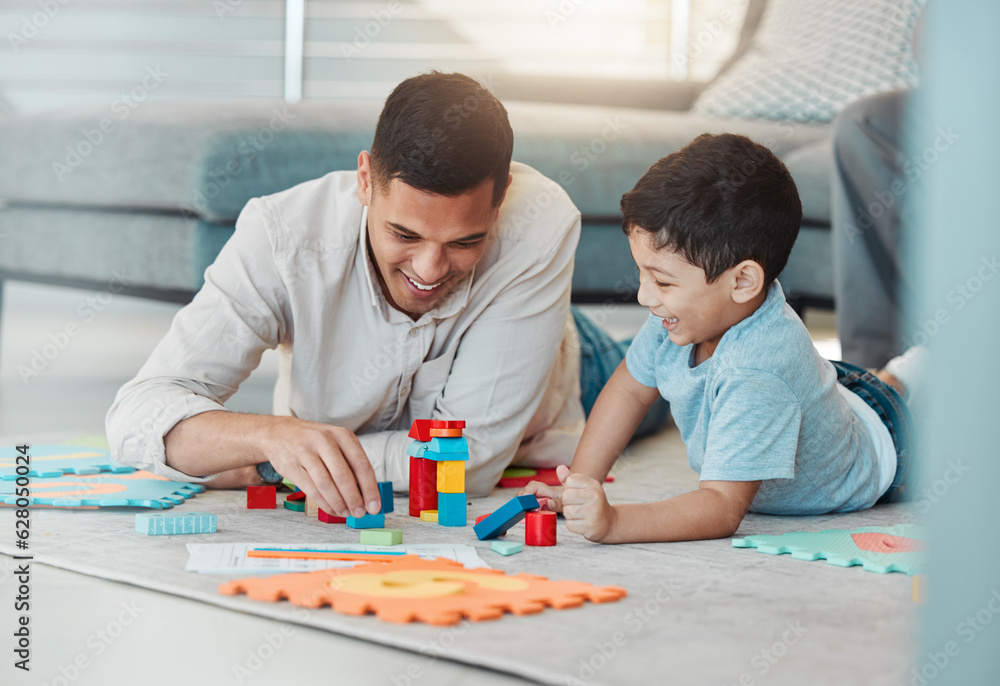 Building blocks, play or father with kid on the floor for learning, education or child development. 