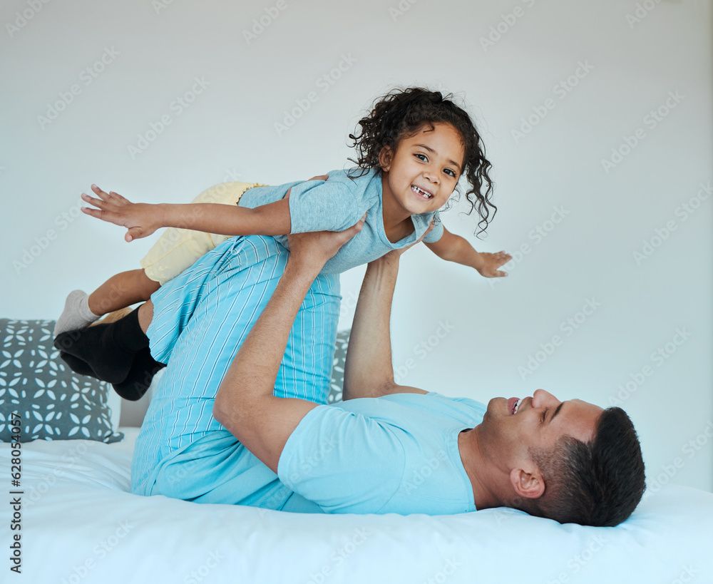 Bedroom, airplane and portrait of father playing with child for quality time, fun or happiness at ho