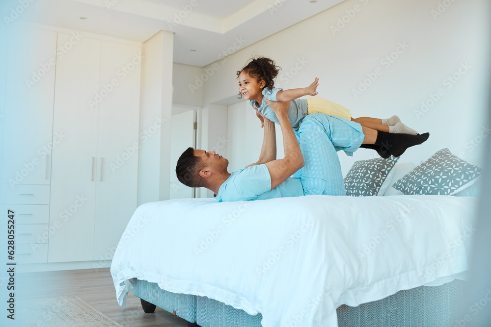 Airplane, bonding and father playing with his child for quality time, fun or happiness at home. Happ
