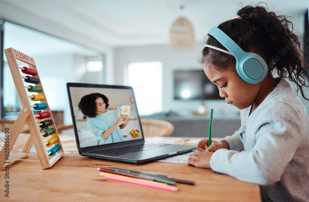 Girl kid, laptop and e learning for writing with pencil, headphones or teacher in virtual classroom 