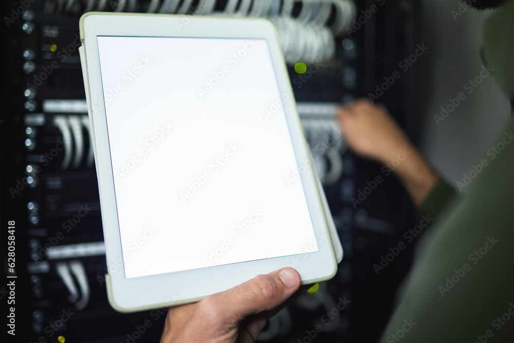 Screen, technician and hands with tablet for information on a server room for network analytics. Clo