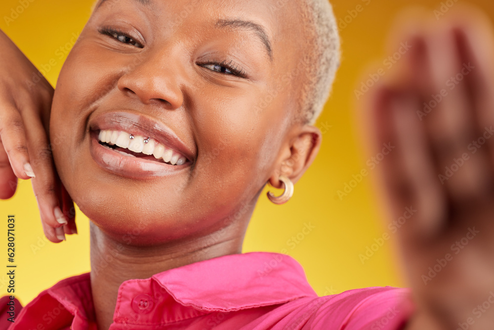 Selfie, smile and african girl with confidence or excited for social media in yellow background stud