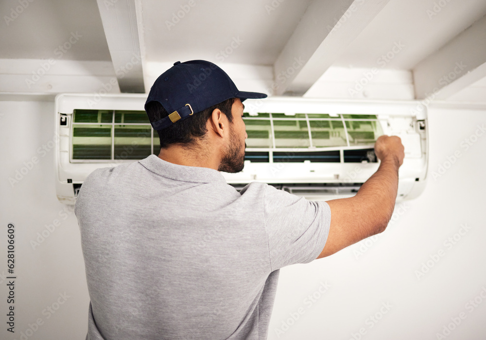 Maintenance service, air conditioner technician and man, working on ventilation filter or ac repair.