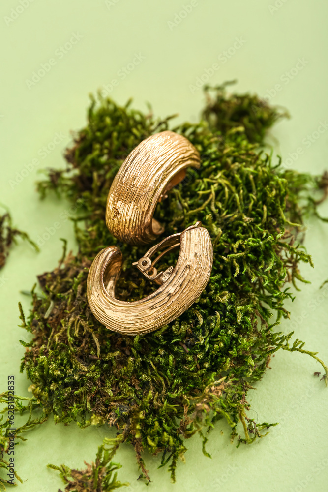 Golden earrings with moss on green background