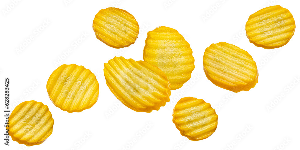 Pickled and marinated yellow zucchini slices isolated on white background