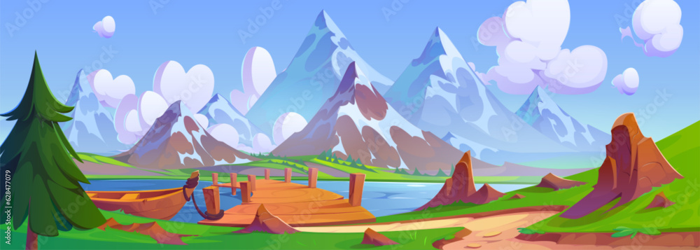 Cartoon mountain lake with wooden boat moored to old bridge. Vector illustration of beautiful natura
