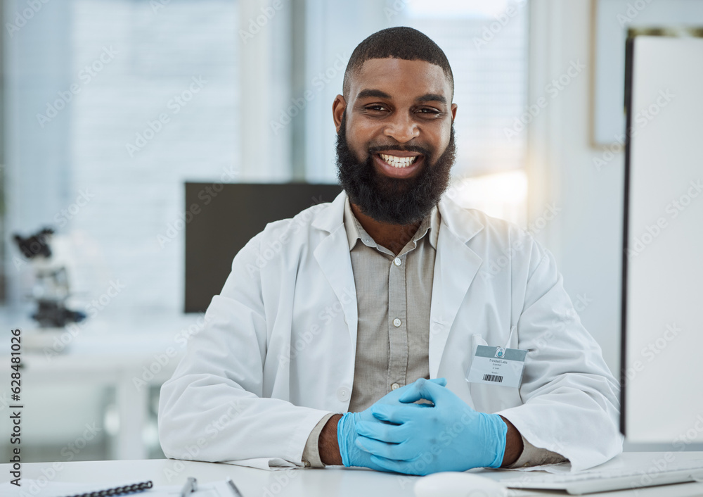 Black man, portrait and scientist smile in lab for future innovation, medical research and physics i