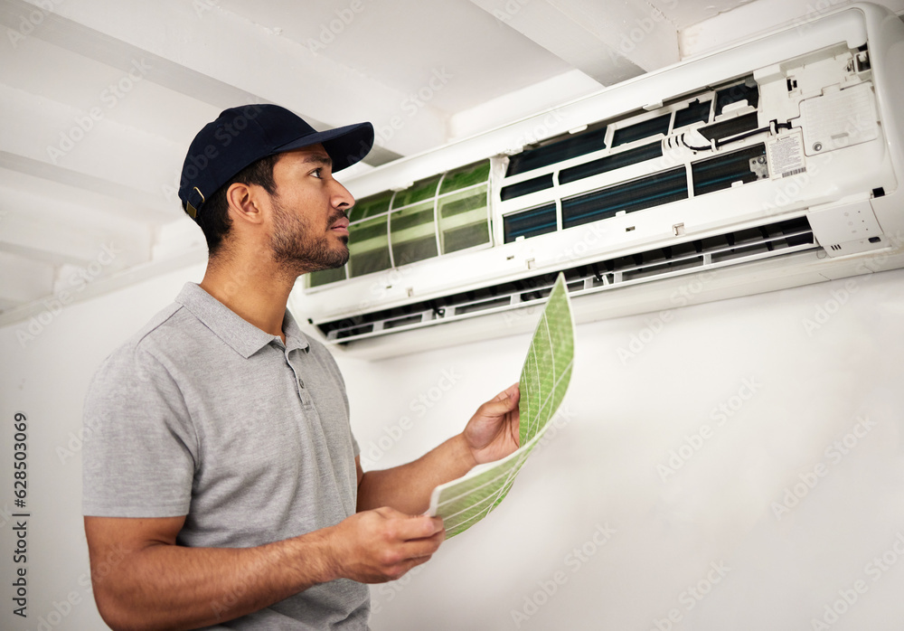 Handyman service, air conditioner technician and man, working on ventilation filter and ac repair. C