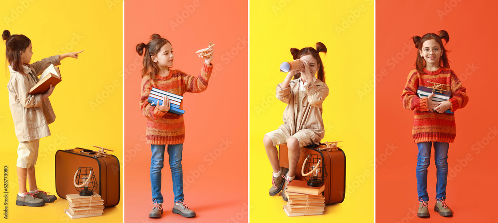 Collage of cute little girl with books on color background