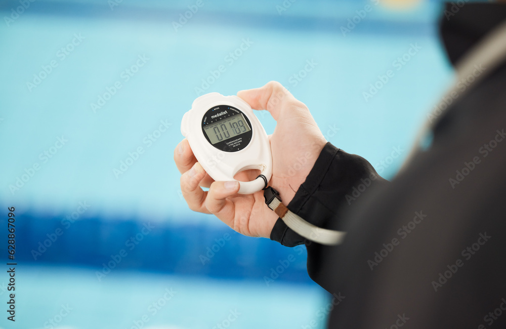 Stopwatch, sports and hands of coach at swimming pool for training, workout and fitness tracker. Per