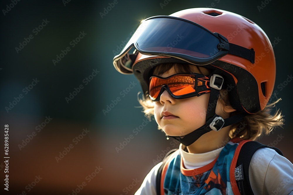 A child wearing a protective helmet